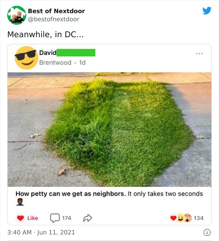 crazy neighbors - grass - Best of Nextdoor Meanwhile, in Dc... David Brentwood 1d . How petty can we get as neighbors. It only takes two seconds 174 134 0