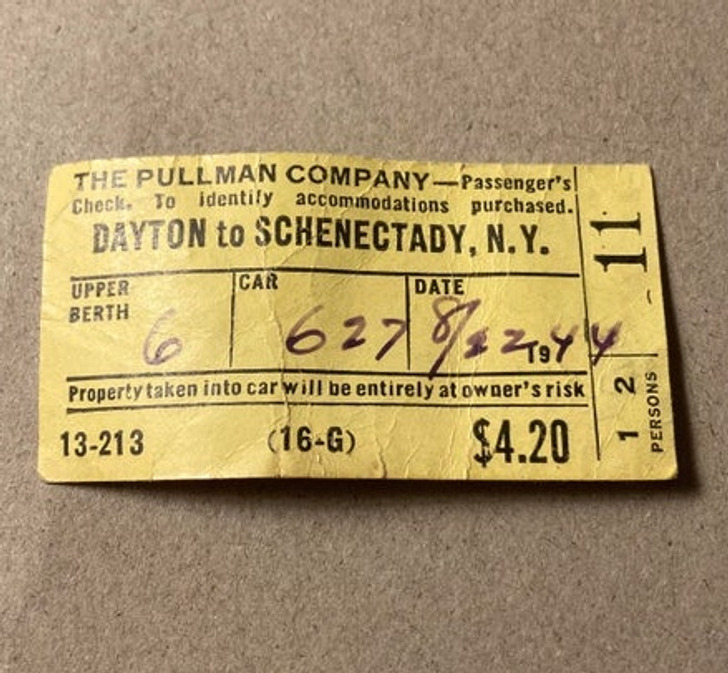 odd and interesting pics - nameplate - The Pullman Company Passenger's! Check. To identify accommodations purchased. Dayton to Schenectady, N.Y. 11 Car Date Upper Berth 6 6278e4ory Property taken into car will be entirely at owner's risk 13213 16G Persons