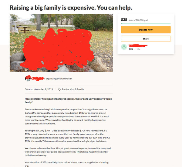 gofundme pages - raising a big family is expensive gofundme - Raising a big family is expensive. You can help. $25 and of $10.000 peal Donate now $25 organizing this fundraiser. Created Babies, Kids & Family Please consider helping an endangered species, 