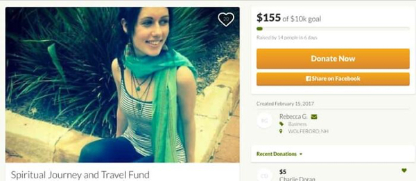 gofundme pages - becca gronski - $155 of $10k goal Raised by 14 people Indon Donate Now on Facebook Created Rebecca Binen Wolfeboronh Recent Donations Spiritual Journey and Travel Fund 55 Charlie