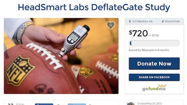 gofundme pages - website - HeadSmart Labs DeflateGate Study Pittsburgh Pa Education $720 $75 Raised by 10 people in 4 months Donate Now Nel On Facebook gofundme 1 Total Created