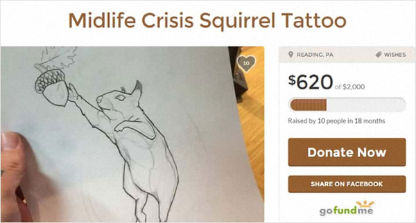 gofundme pages - human - Midlife Crisis Squirrel Tattoo Reading, Pa Wishes 10 $620 of $2,000 Raised by 10 people in 18 months Donate Now On Facebook gofundme