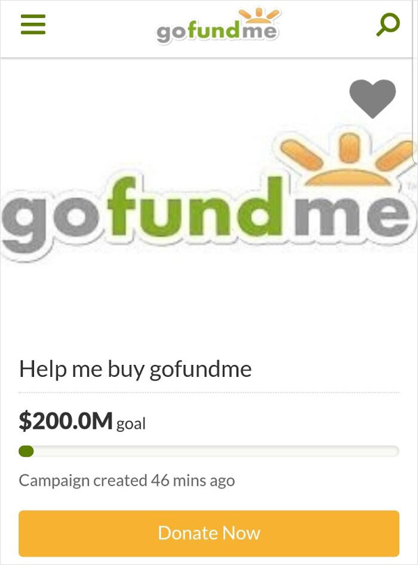 gofundme pages - Iii gofundme Q gofundme Help me buy gofundme $200.0M goal Campaign created 46 mins ago Donate Now