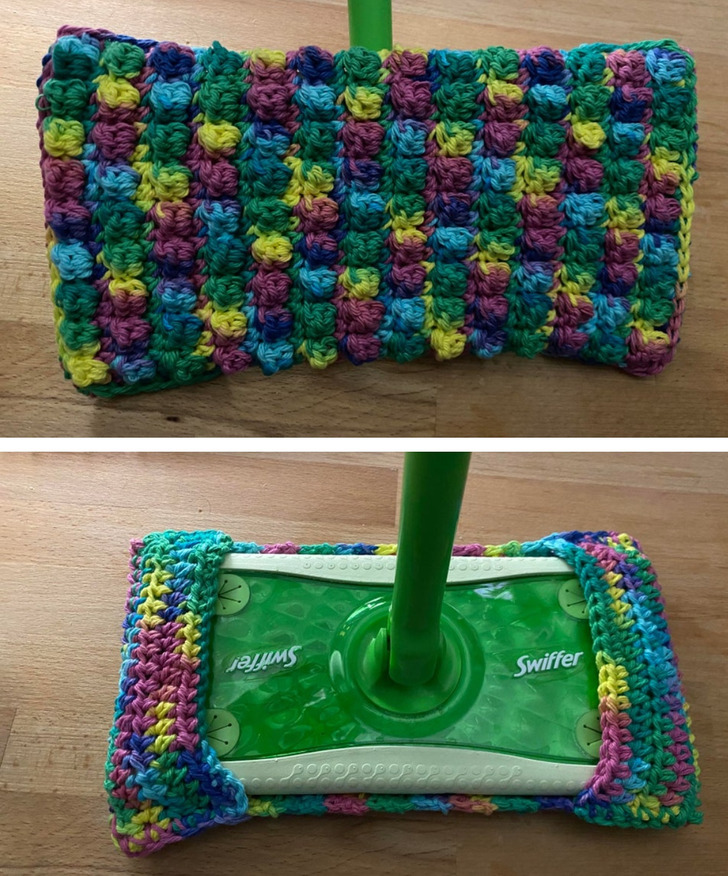 “Crochet Swiffer mops — wet refills add up with 2 dogs. So I made 2 for $3 each and they work WAY better than the refills.”