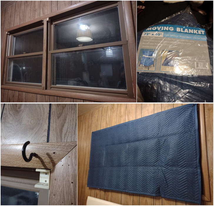 “Using moving blankets over windows to help with insulation”