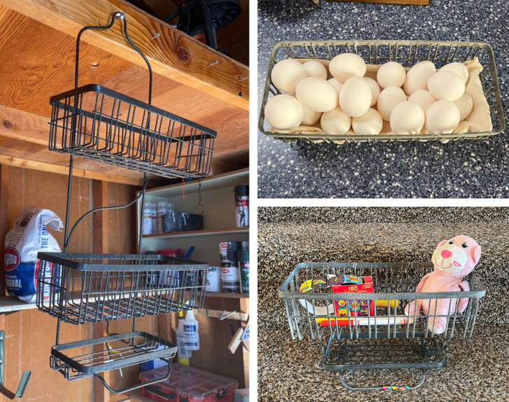 “Turned a shower rack into an egg basket and toy basket.”