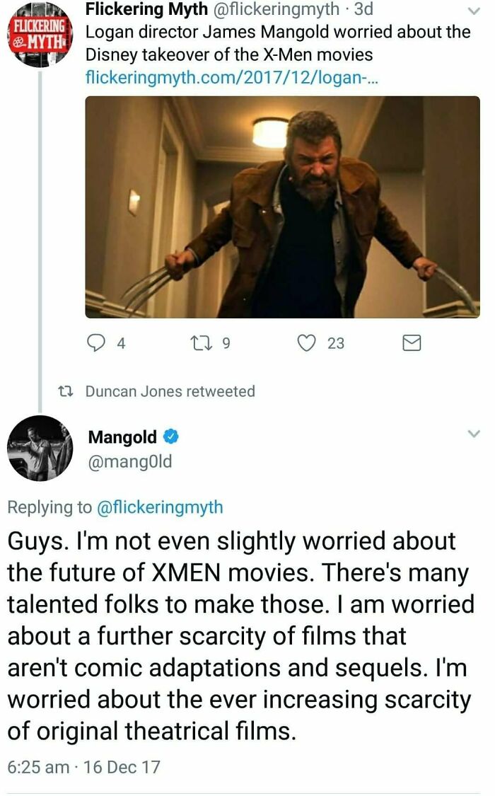 internet liars called out - media - Flickering Myth Flickering Myth . 3d Logan director James Mangold worried about the Disney takeover of the XMen movies flickeringmyth.com201712logan... 4 129 23 g 12 Duncan Jones retweeted Mangold Guys. I'm not even sli