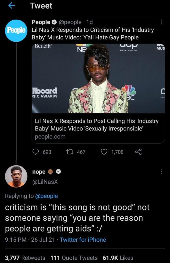 internet liars called out - screenshot - k Tweet People 1d People Lil Nas X Responds to Criticism of His 'Industry Baby' Music Video 'Y'all Hate Gay People' Benefit U Ne Mus dick chark reductions llboard C Isic Awards Gi Lil Nas X Responds to Post Calling