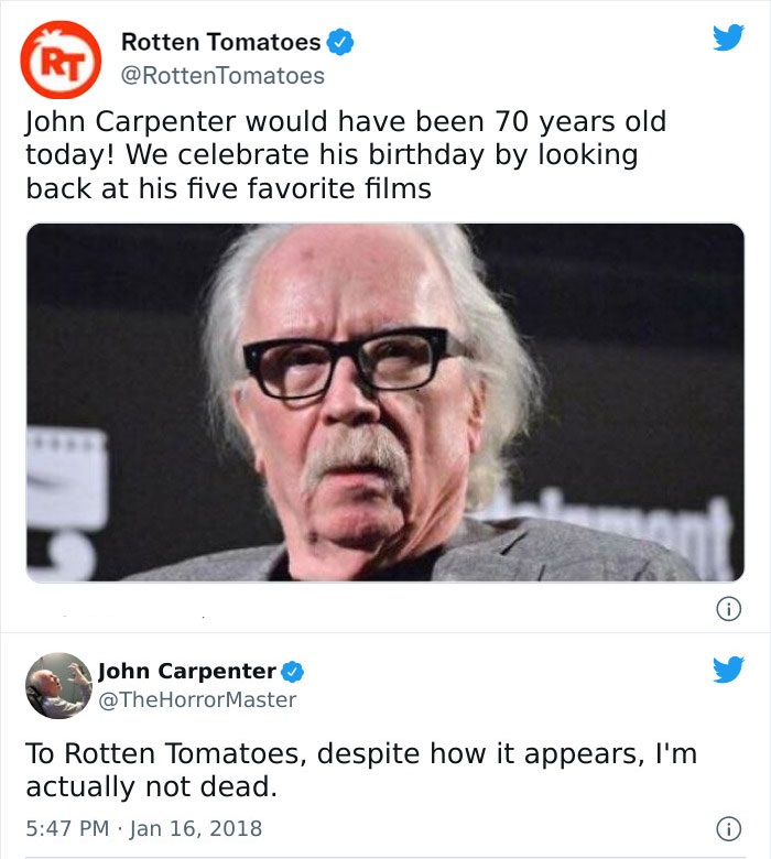 internet liars called out - rotten tomatoes john carpenter - Rotten Tomatoes Rt Tomatoes John Carpenter would have been 70 years old today! We celebrate his birthday by looking back at his five favorite films ant 0 John Carpenter @ The Horror Master To Ro