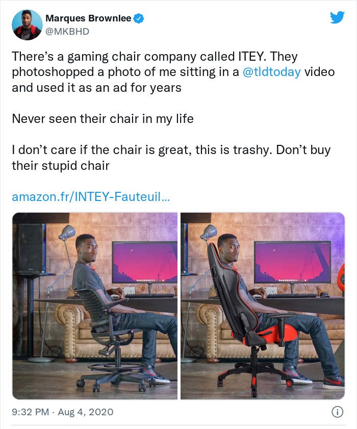 internet liars called out - sitting - Marques Brownlee There's a gaming chair company called Itey. They photoshopped a photo of me sitting in a video and used it as an ad for years Never seen their chair in my life I don't care if the chair is great, this