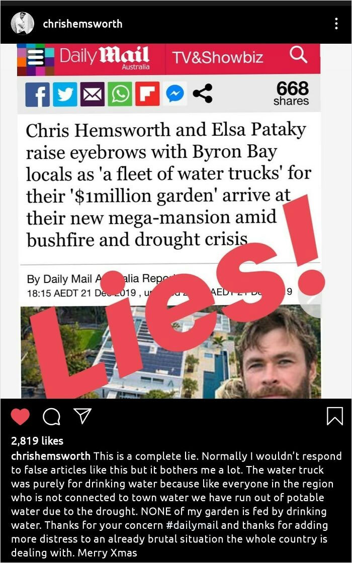 internet liars called out - poster - chrishemsworth Daily Mail Tv&Showbiz Q Australia f 668 Chris Hemsworth and Elsa Pataky raise eyebrows with Byron Bay locals as 'a fleet of water trucks' for their '$imillion garden' arrive at their new megamansion amid