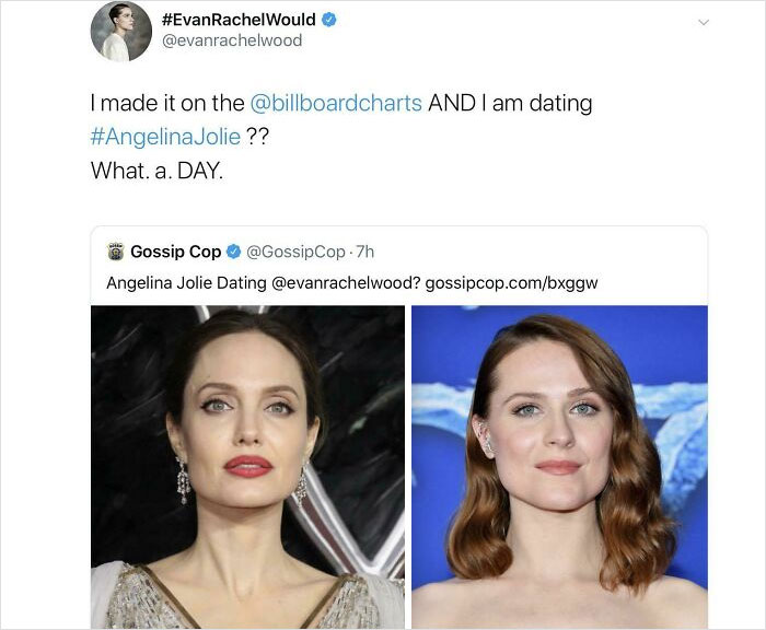 internet liars called out - angelina jolie y evan rachel wood - Rachel Would I made it on the And I am dating Jolie ?? What. a. Day. Gossip Cop sipCop. 7h Angelina Jolie Dating ? gossipcop.combxggw