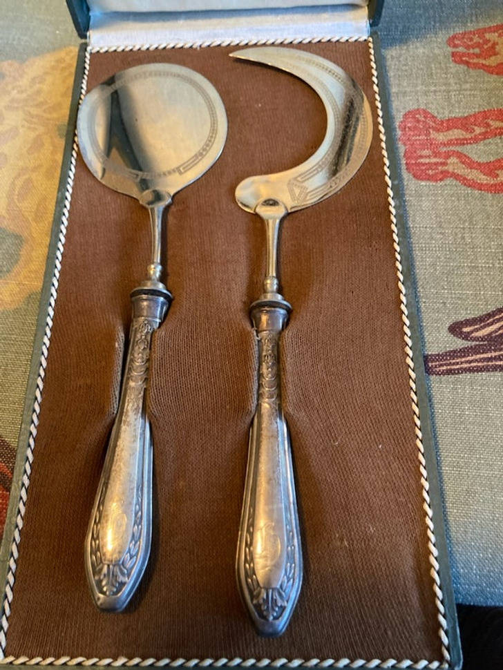“Moon silverware, probably German late 19th early 20th century?”

Answer: "It might be an ice cream serving set. Looks similar to this one here."