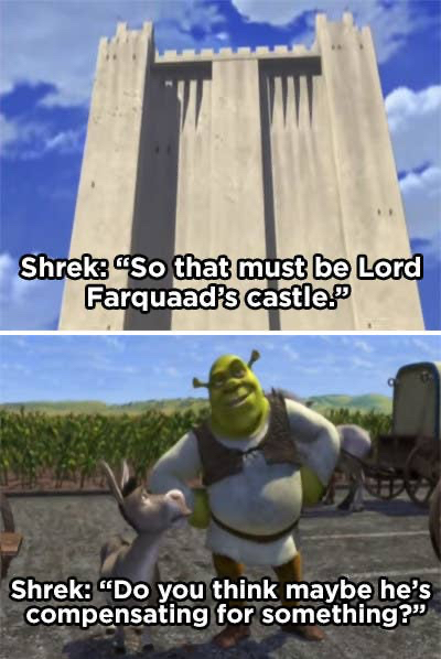 adult jokes in kid shows and movies - In Shrek, when Shrek sees the size of Lord Farquaad’s castle, he makes a not so subtle joke about the size of Lord Farquaad’s penis.
