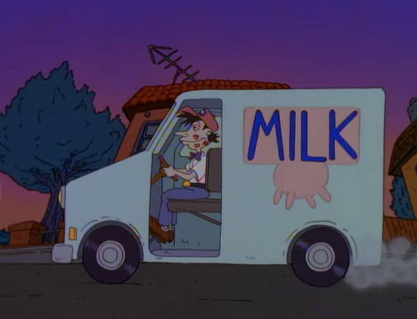 adult jokes in kid shows and movies - In the Rugrats episode “Grandpa’s Bad Bug,” the milkman drove in front of the Pickles’ house while covered in lipstick kisses.