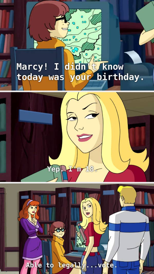 adult jokes in kid shows and movies - When Velma’s cousin Marcy was flirting with Fred on What’s New, Scooby Doo?, there was a joke about Marcy turning 18 and now being “legal” to date Fred.