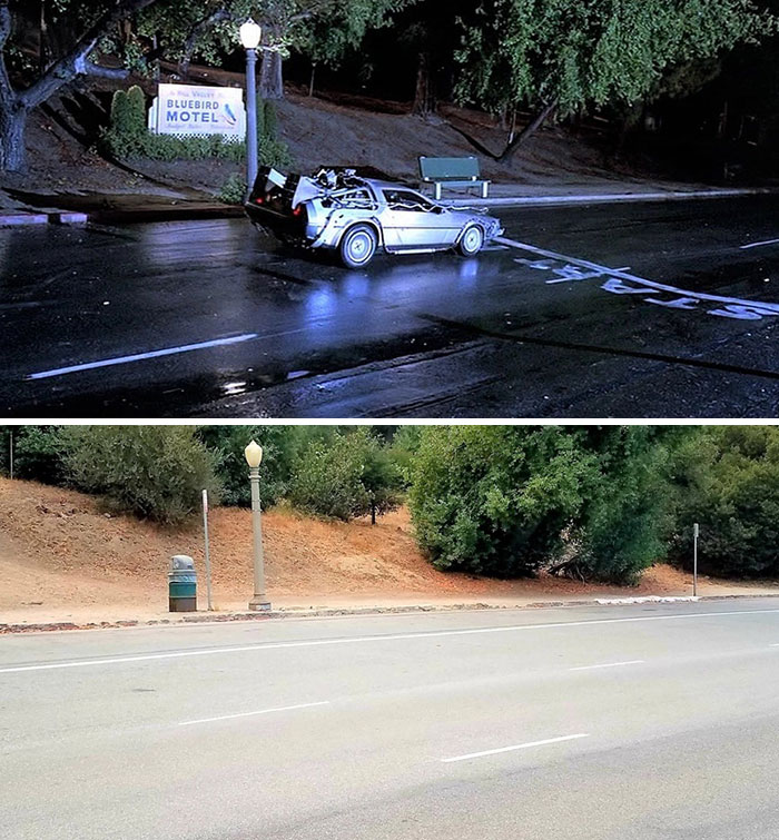 famous movie locations - then and now - back to the future starting line - Bluebird Motel 8 S a