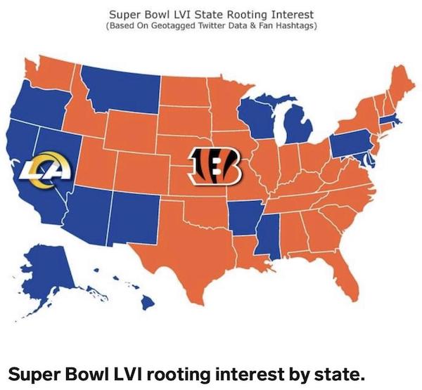 states rooting for bengals - Super Bowl Lvi State Rooting Interest Based On Geotagged Twitter Data & Fan Hashtags Eb Super Bowl Lvi rooting interest by state.