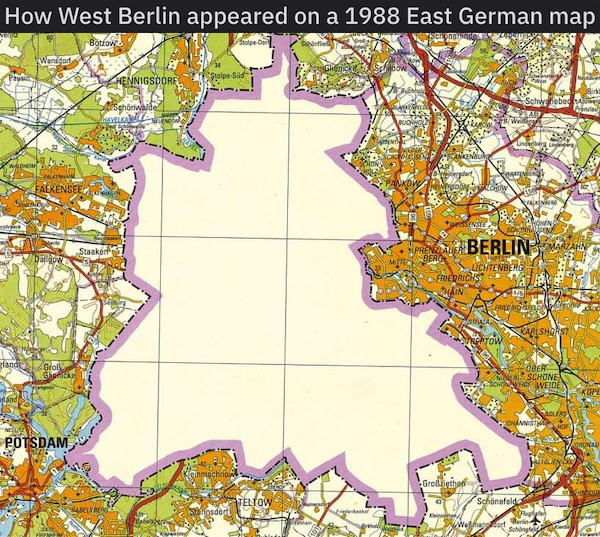 berlin map 1988 - How West Berlin appeared on a 1988 East German map Botto topsid Hennigsdorf Falkensee Stankar Berlin Utenberg Roches Kabisht de Schone Howed Ko Potsdam nchini Groen Feltow Schonefeld Watu poded