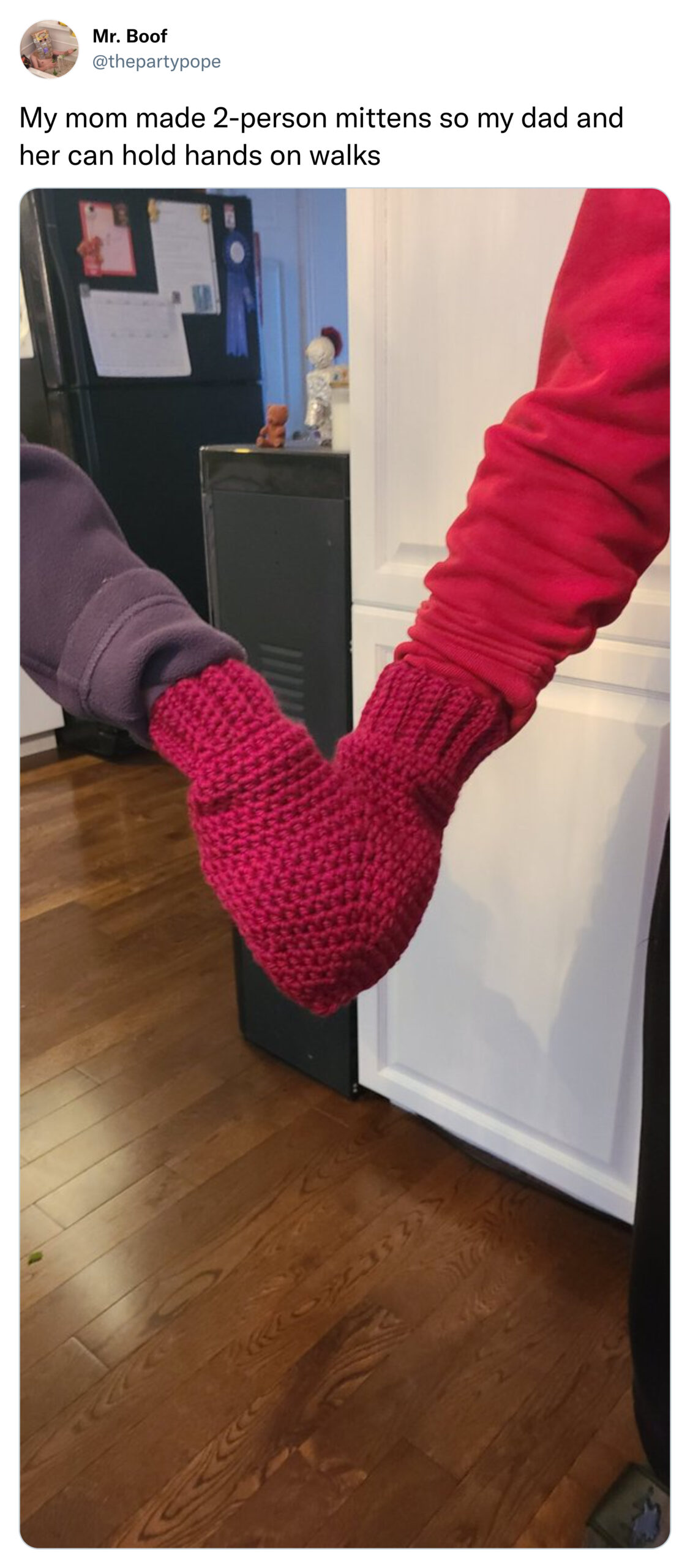 tweets of the week - floor - Mr. Boof My mom made 2person mittens so my dad and her can hold hands on walks C.