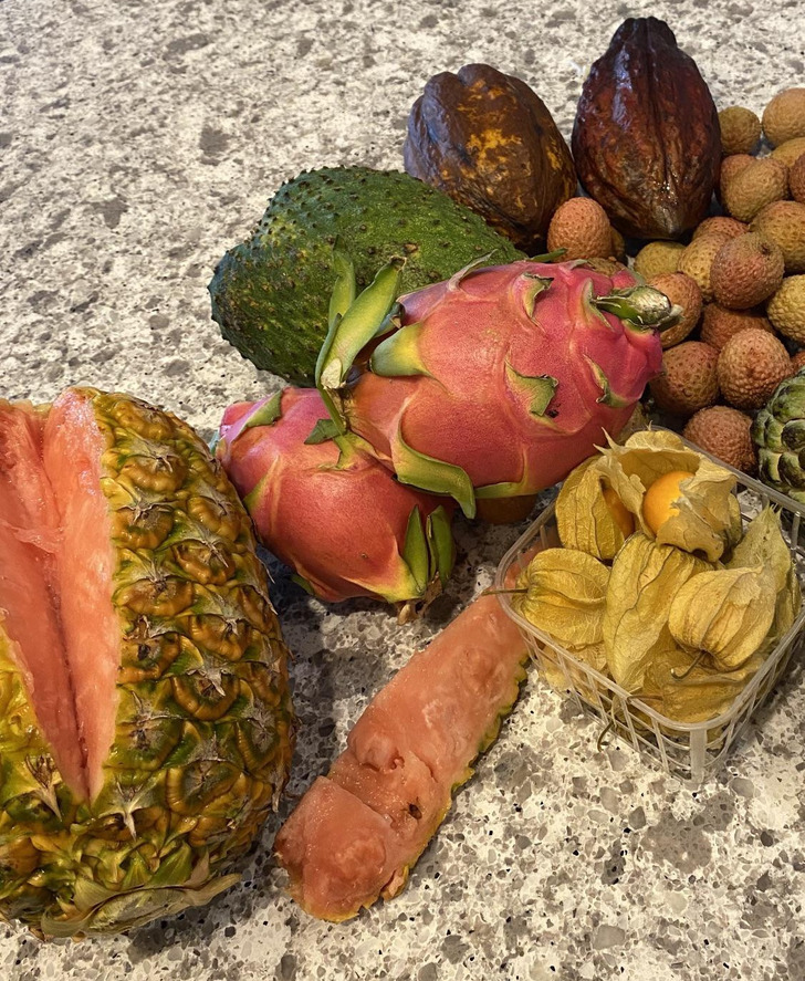 “The tropical fruit I bought included a pink pineapple.”