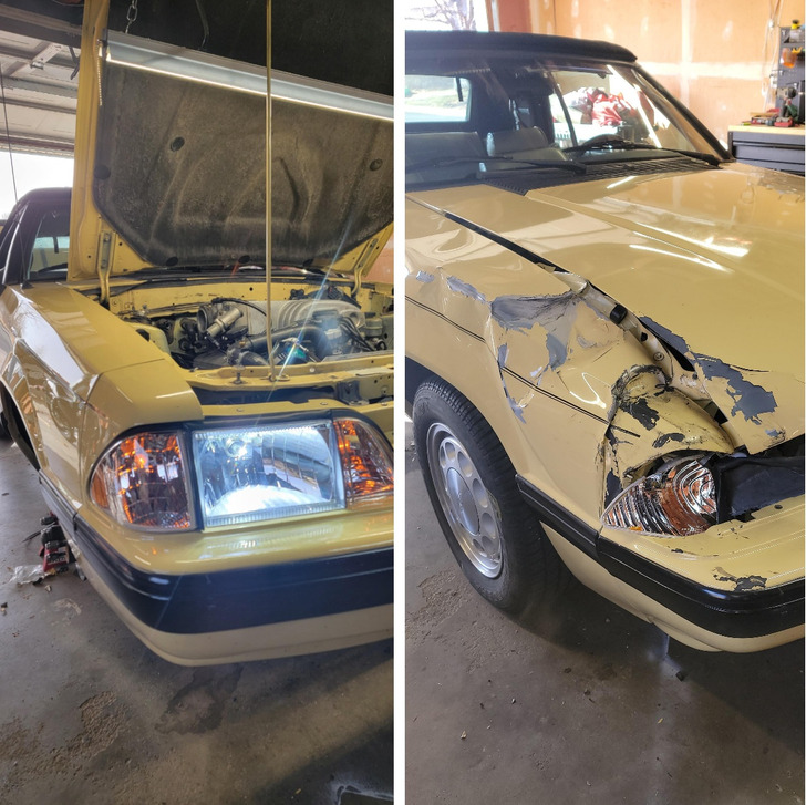 “New lights in my mustang! Then literally 10 minutes later, a car in front of me hit a wheel in the road, which flew out and hit me.”