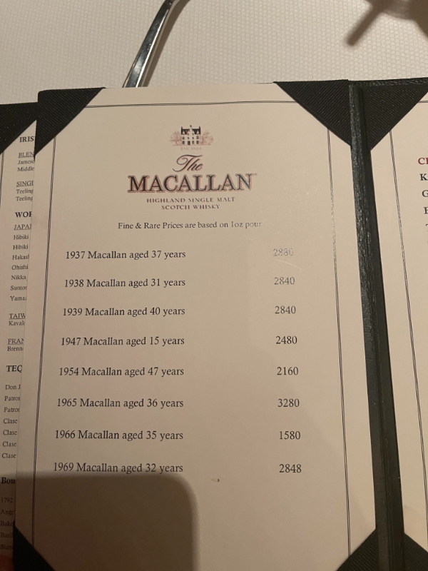 fascinating things - Macallan menu at the steakhouse