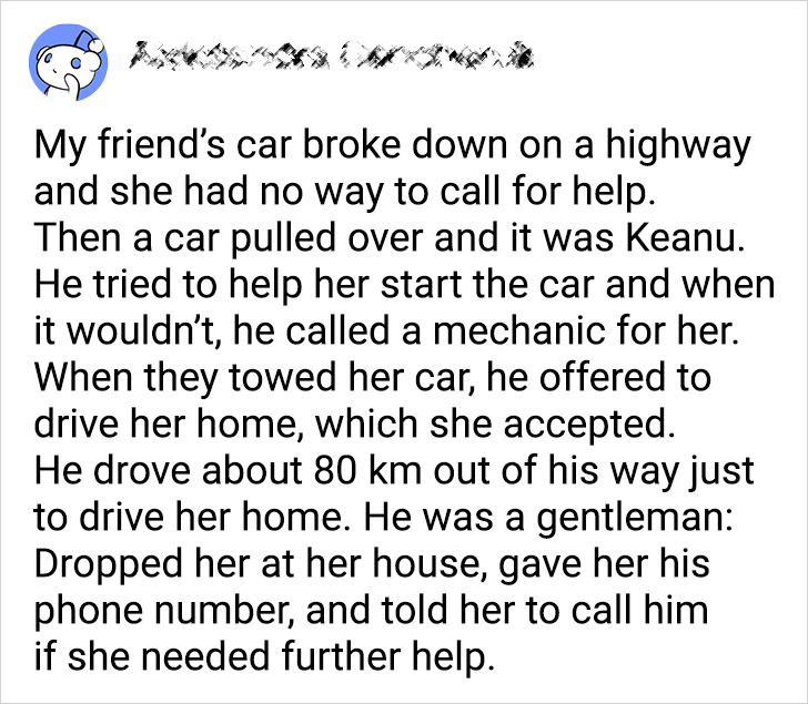 good people - hearts of gold - alec lightwood headcanons - a My friend's car broke down on a highway and she had no way to call for help. Then a car pulled over and it was Keanu. He tried to help her start the car and when it wouldn't, he called a mechani