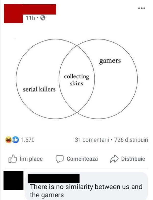 wtf posts - diagram - 11h. gamers collecting skins serial killers b 1.570 31 comentarii . 726 distribuiri mi place Comenteaz Distribuie There is no similarity between us and the gamers