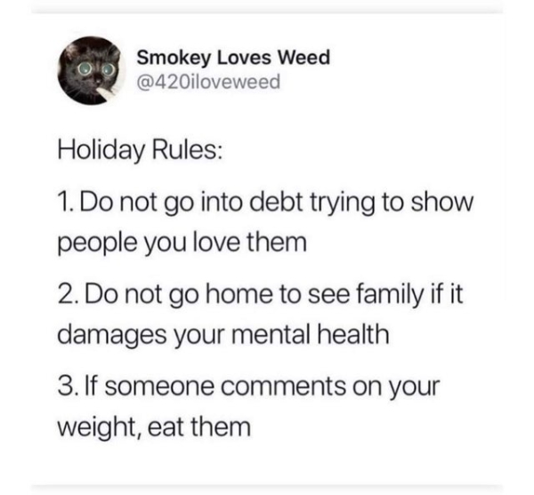wtf posts - good - Smokey Loves Weed Holiday Rules 1. Do not go into debt trying to show people you love them 2. Do not go home to see family if it damages your mental health 3. If someone on your weight, eat them