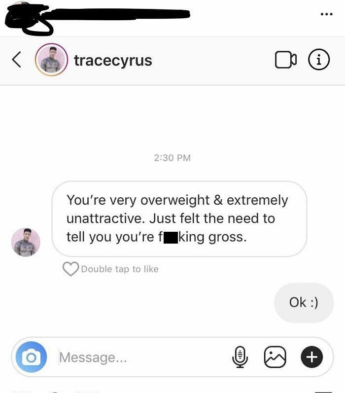 cringeworthy pics and texts - drake instagram dms - ... tracecyrus co i You're very overweight & extremely unattractive. Just felt the need to tell you you're f king gross. Double tap to Ok Message... 110