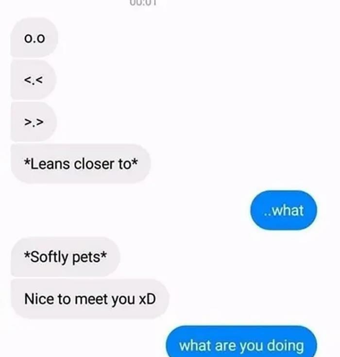 cringeworthy pics and texts - diagram - 0.0 Leans closer to ..what Softly pets Nice to meet you xD what are you doing