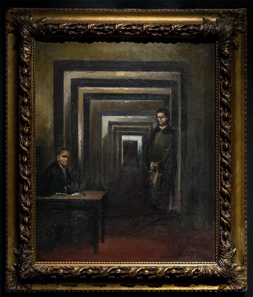 Untitled painting by Adolf Hitler. Depicting a series of doors descending into a abyss with the stares of eyeless men at the front