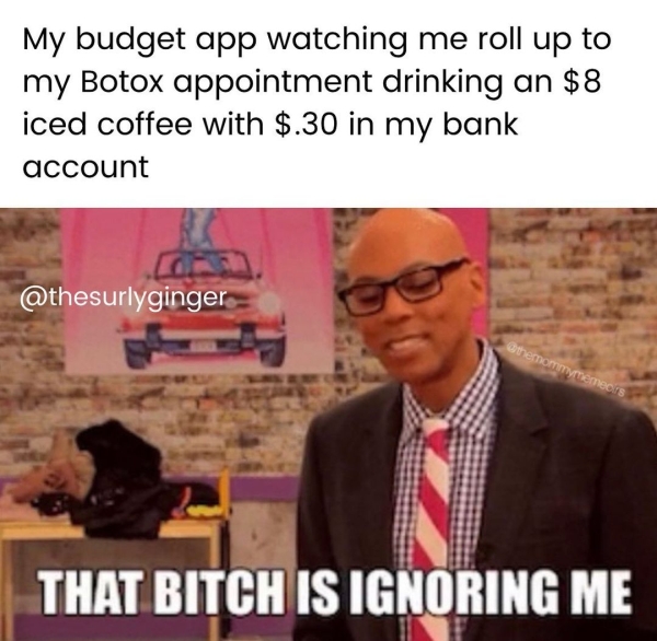 dank memes - funny memes - media - My budget app watching me roll up to my Botox appointment drinking an $8 iced coffee with $.30 in my bank account atheromymemeo's That Bitch Is Ignoring Me