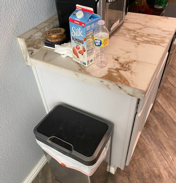 Girlfriend will put trash on counter by the trash can cause she “thinks the trash to to gross to touch.” Even though we have an automatic lid.