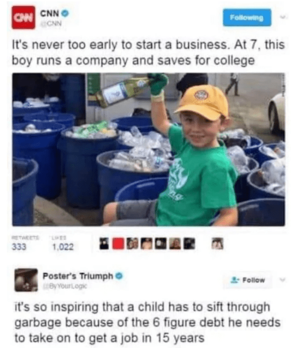 brutal comments - boy recycling - On Cnn ing Cnn It's never too early to start a business. At 7, this boy runs a company and saves for college 333 1.022 Poster's Triumph By YourLog & it's so inspiring that a child has to sift through garbage because of th