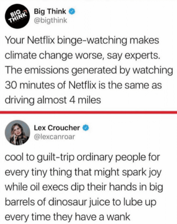 brutal comments - brand value - Think Big Think Your Netflix bingewatching makes climate change worse, say experts. The emissions generated by watching 30 minutes of Netflix is the same as driving almost 4 miles Lex Croucher cool to guilttrip ordinary peo