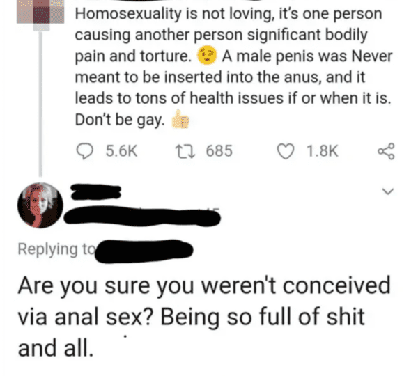 brutal comments - diagram - Homosexuality is not loving, it's one person causing another person significant bodily pain and torture. A male penis was Never meant to be inserted into the anus, and it leads to tons of health issues if or when it is. Don't b