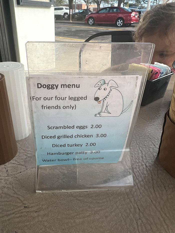wholesome pics and memes - glass - M Ce Doggy menu For our four legged friends only Scrambled eggs 2.00 Diced grilled chicken 3.00 Diced turkey 2.00 Hamburger patty 3.00 Water bowl free of course