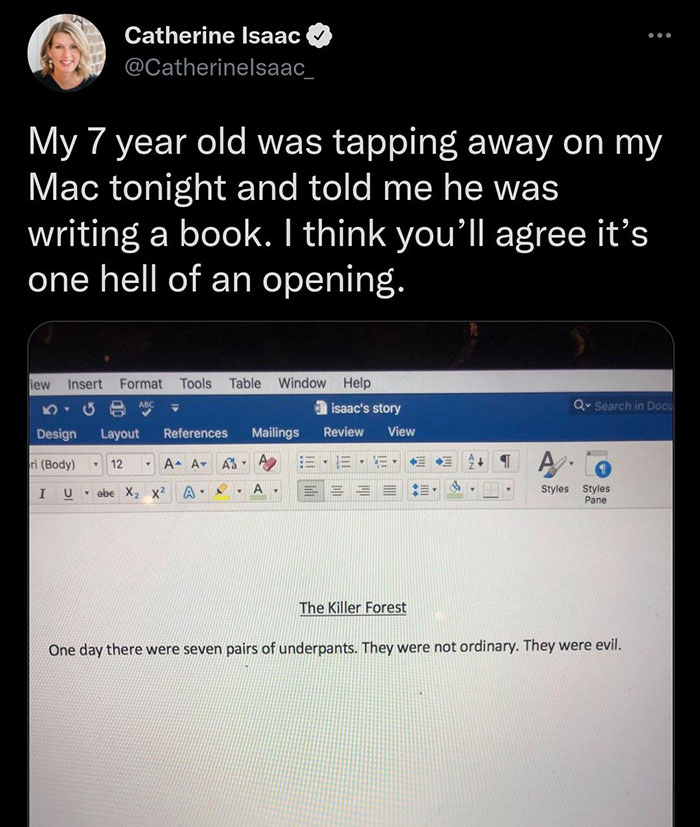 wholesome pics and memes - one day there were seven pairs of underpants - Catherine Isaac My 7 year old was tapping away on my Mac tonight and told me he was writing a book. I think you'll agree it's one hell of an opening. Arc Qw Search in Doch iew Inser