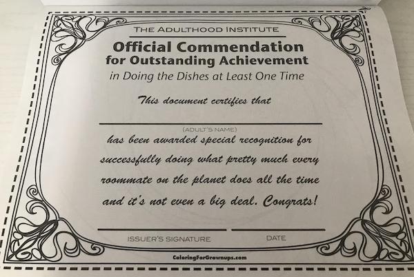 roommates from hell - paper - The Adulthood Institute Official Commendation for Outstanding Achievement in Doing the Dishes at Least One Time This document certifies that Adult'S Name has been awarded special recognition for successfully doing what pretty