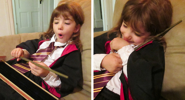 My daughter loves Hermione and she got a replica of Hermione’s movie wand! We gave it to her as she got ready for Halloween.