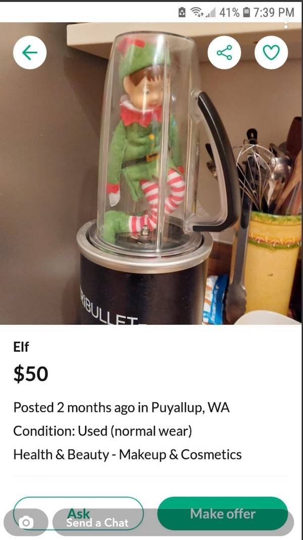 wtf items for sale - blender - 41% Mbullet Elf $50 Posted 2 months ago in Puyallup, Wa Condition Used normal wear Health & Beauty Makeup & Cosmetics Ask Send a Chat Make offer O