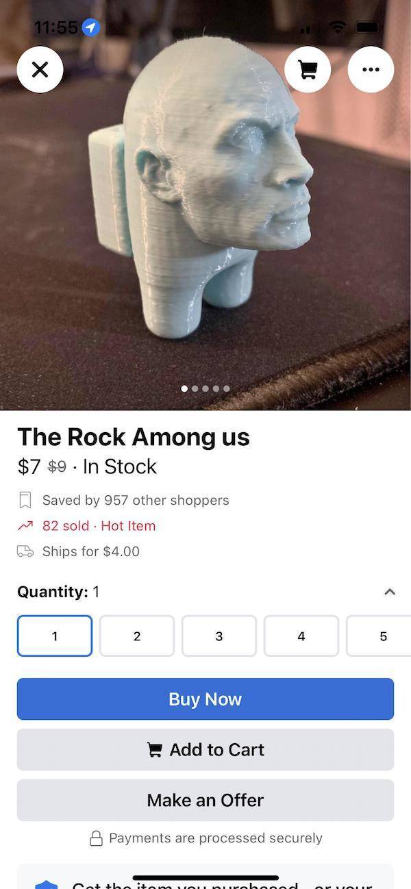 wtf items for sale - rock among us - 1 ... Ooo The Rock Among us $7 $9 In Stock Saved by 957 other shoppers 82 sold . Hot Item Ships for $4.00 Quantity 1 1 2 3 4 5 Buy Now Add to Cart Make an Offer Payments are processed securely Cottbd or