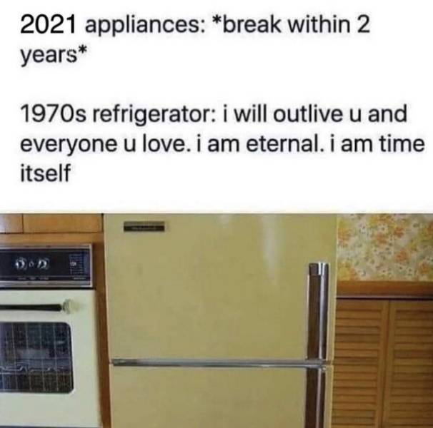 relatable memes - 1970s refrigerator meme - 2021 appliances break within 2 years 1970s refrigerator i will outlive u and everyone u love. i am eternal. i am time itself