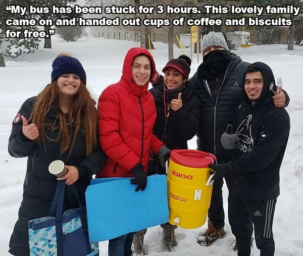 wholesome - uplifting news - winter - My bus has been stuck for 3 hours. This lovely family came on and handed out cups of coffee and biscuits for free. 30 Igloo