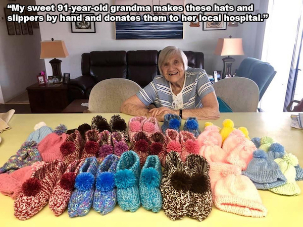 wholesome - uplifting news - crochet - "My sweet 91yearold grandma makes these hats and slippers by hand and donates them to her local hospital. Summa