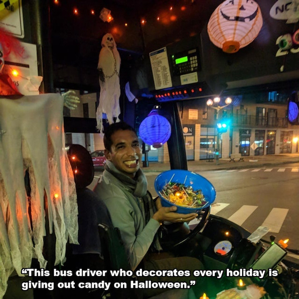 wholesome - uplifting news - event - Nc 20 9 This bus driver who decorates every holiday is giving out candy on Halloween."
