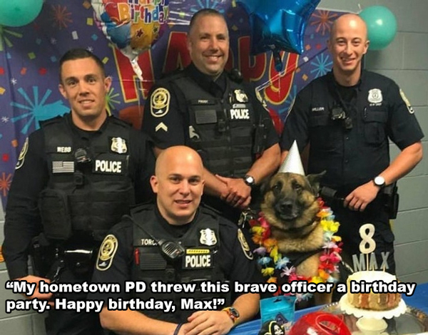 wholesome - uplifting news - police dog birthday party - Pirthday Pouze Mers Police Torca 8 Police Mix "My hometown Pd threw this brave officer a birthday party. Happy birthday, Max!