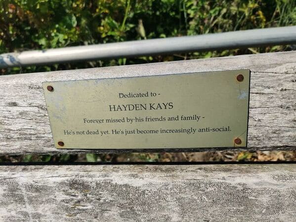 cool finds - amazing discoveries - funny memorial bench plaques - Dedicated to Hayden Kays Forever missed by his friends and family He's not dead yet. He's just become increasingly antisocial.